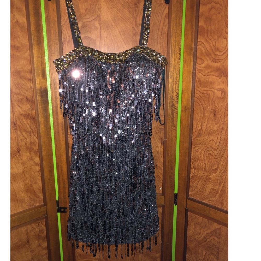 LaFemme Silver with Gold Accent Sequin Prom Dress